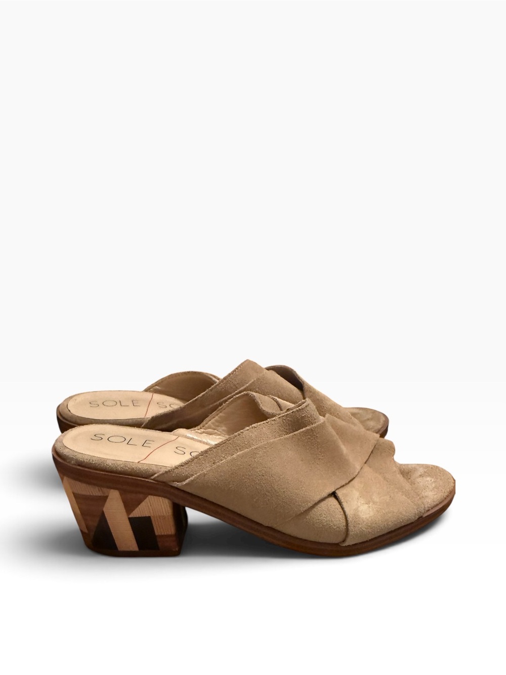 Sole Society Tota slide sandals beige suede geometric patterned Block Heel 7
